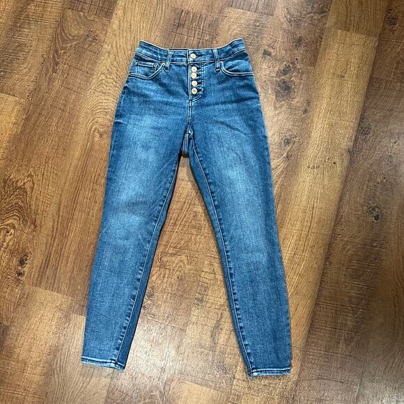 Express High Rise Button Fly Skinny Jeans Medium Wash Denim Women's Size 2R - Picture 2 of 8